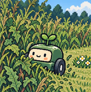 草原で草刈りをする、小さな芽が生えたロボット